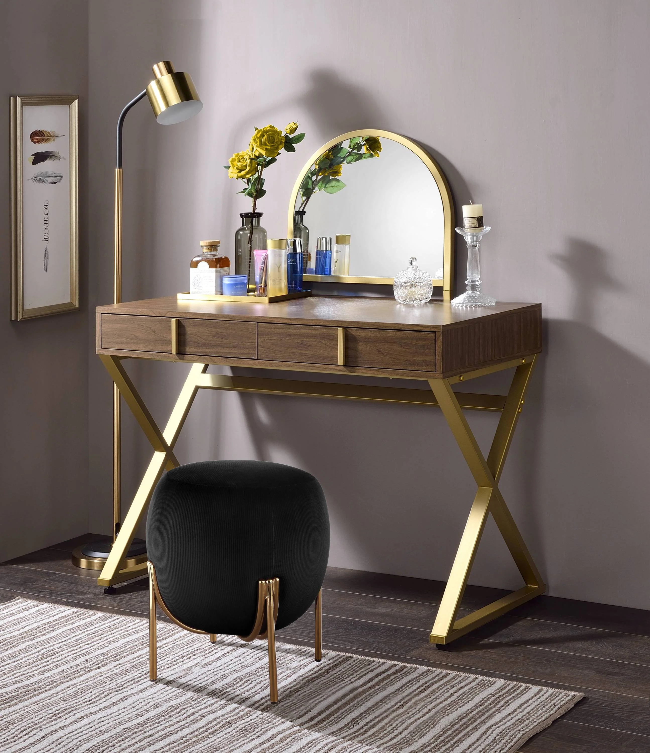 Walker Edison | Modern Walnut and Gold Finish Vanity Desk with Mirror and Jewelry Tray