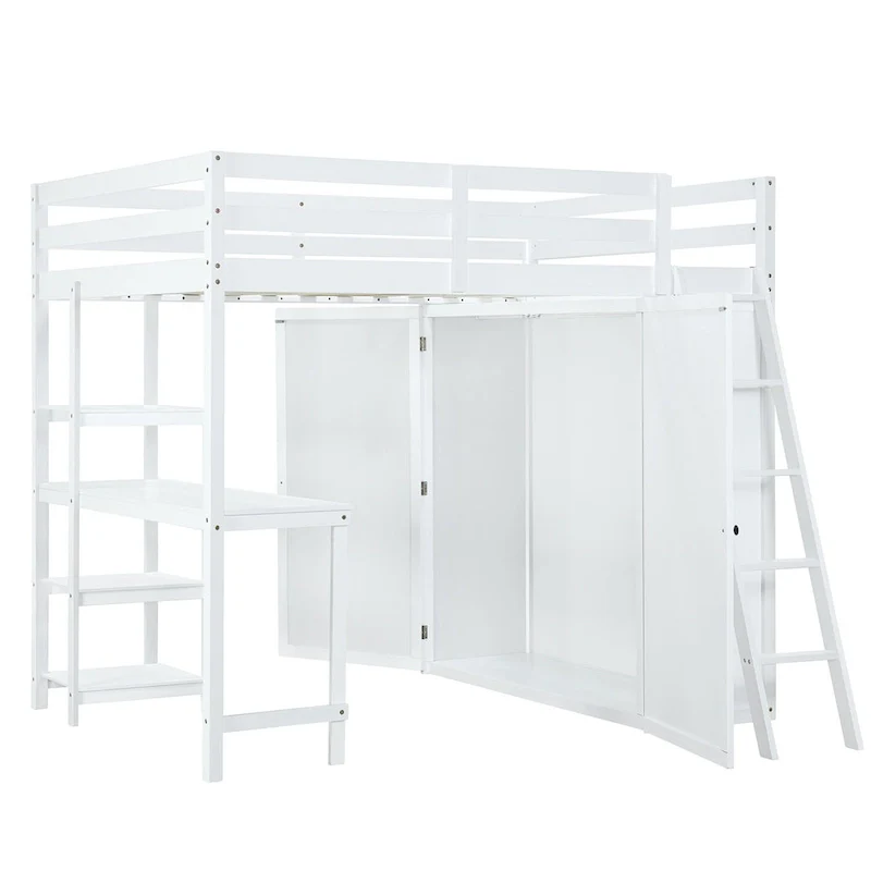 Merax Loft Bed with Wardrobe and Desk and Shelves