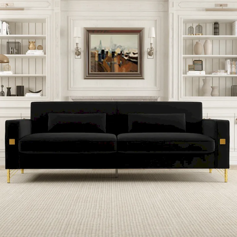 Black 85.63  Velvet 3-Seater Sofa with Gold Accents