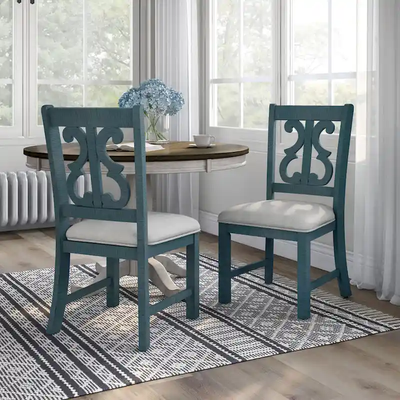 Farmhouse Wood Dining Chairs, White/Blue/Light Blue, Set of 2