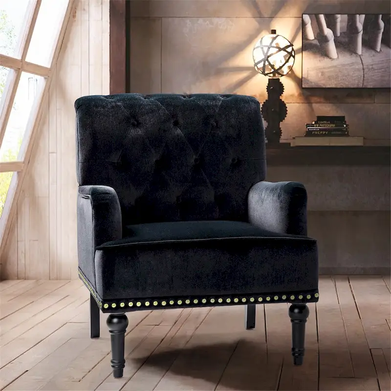 Velvet Button Tufted Accent Chair with Nailhead Trim