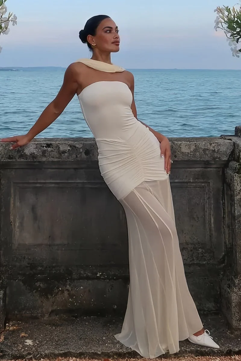 Ivory Mermaid Off The Shoulder Ruched Tulle Long Prom Dresses