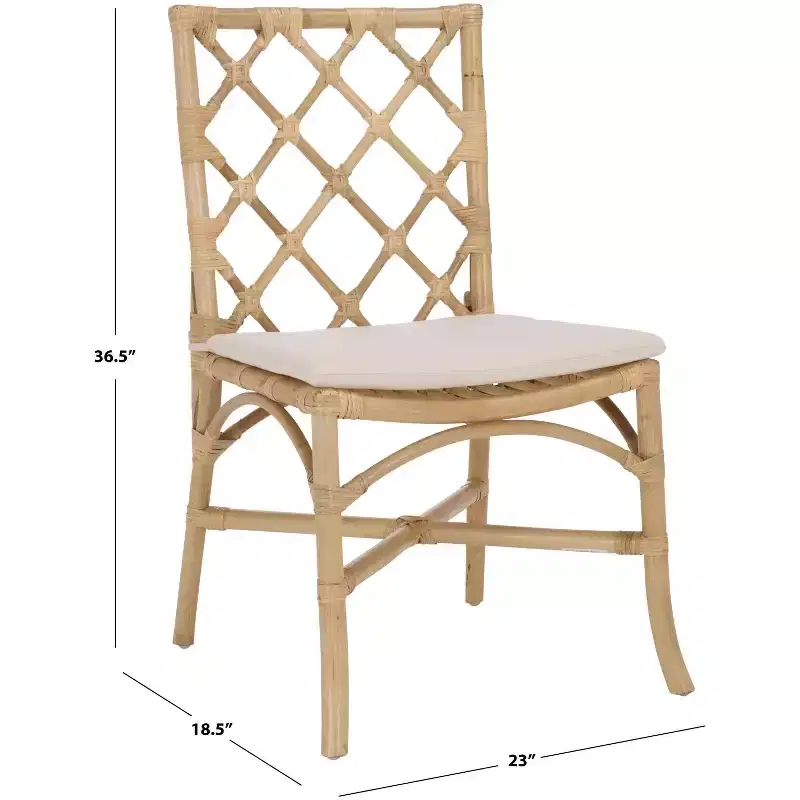 Rattan Dining Chair with Removable Cream Cushion, Natural Finish, Armless — 2-Pack