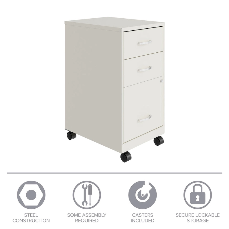 Space Solutions 18 Deep 3 Drawer Mobile Metal Cabinet, Pearl White