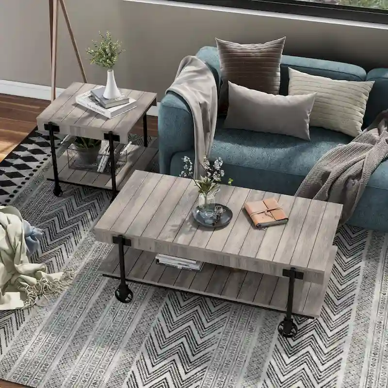 Black Farmhouse Steel 2-Piece Coffee Table Set with Wheels