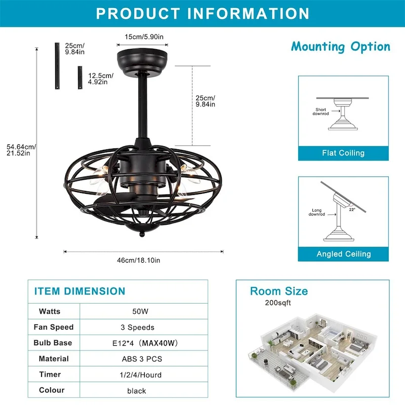3 Speeds Reversible Caged Ceiling Fan with Remote and Timer