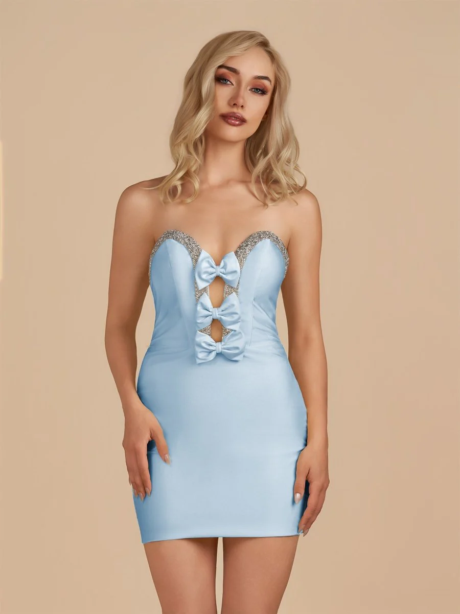 Sky Blue - Bodycon Strapless Cut Out Satin Beaded Homecoming Dress With Bows