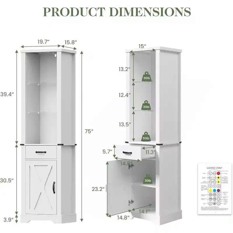 Heynemo 75'' Tall Storage Cabinet with LED Light, Farmhouse Pantry Cabinet with Tempered Glass Adjustable Shelves & Barn Door