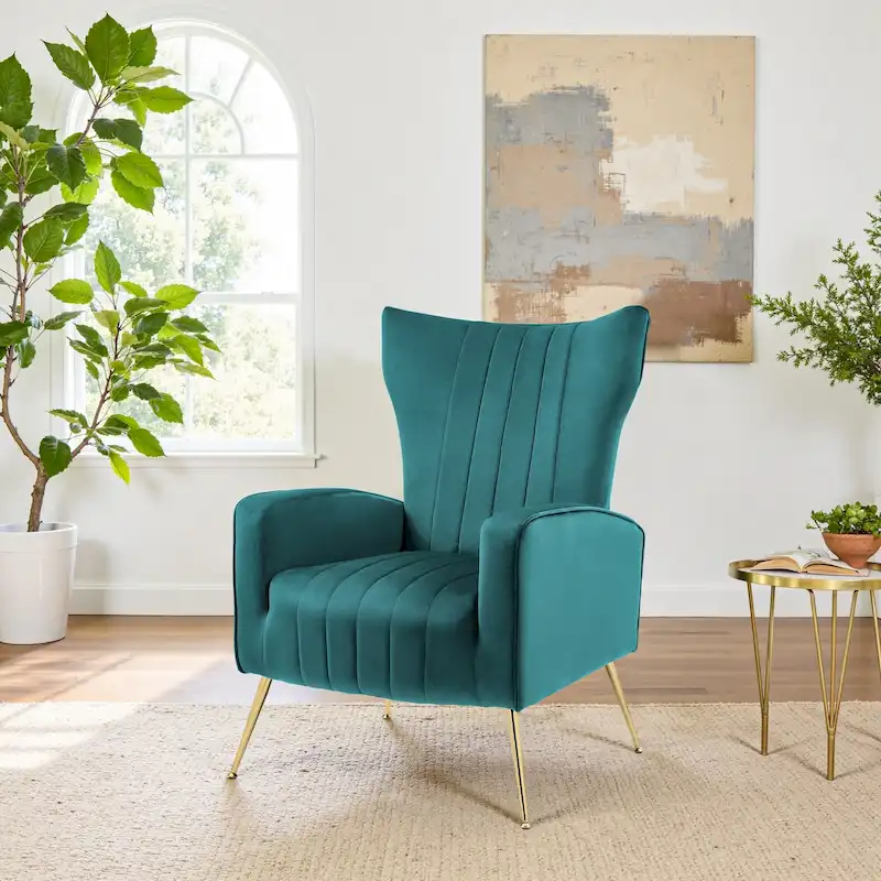 Velvet Wingback Accent Chair, Peacock Blue / Grey / White, Single Seat