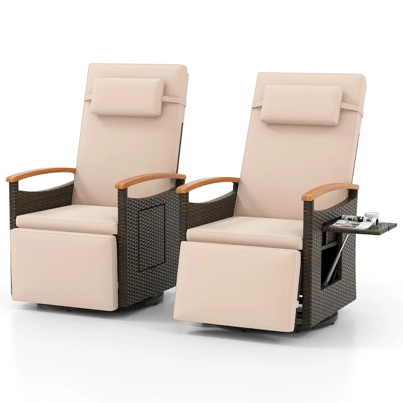 Gymax 2PCS Outdoor Swivel Rattan Recliner Chair Patio Wicker Chaise