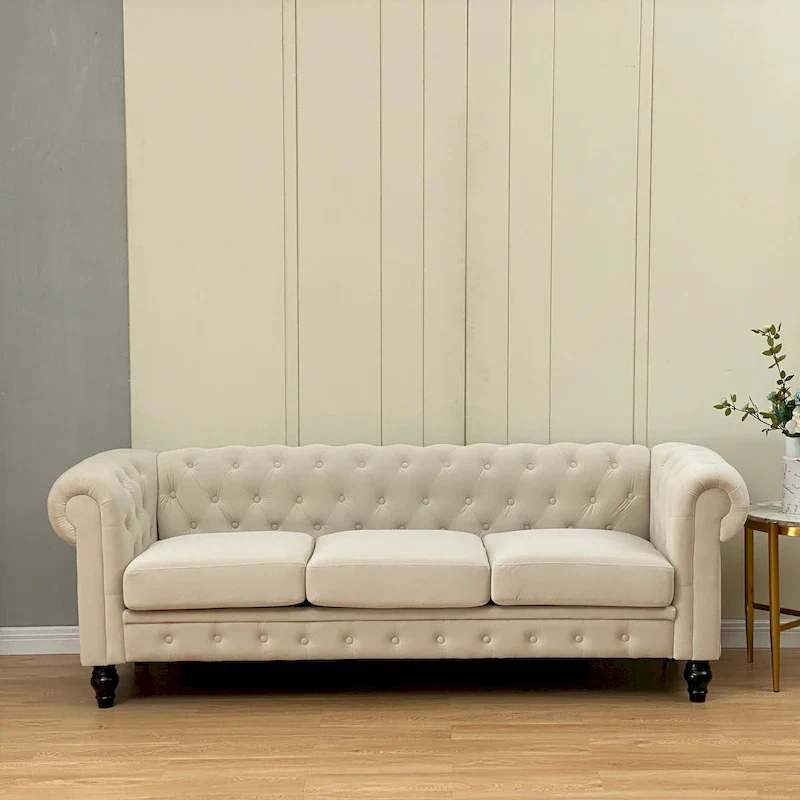 Elegant Beige Chesterfield Sofa - 3-Seater Velvet with Tufted Buttons & Wooden Legs