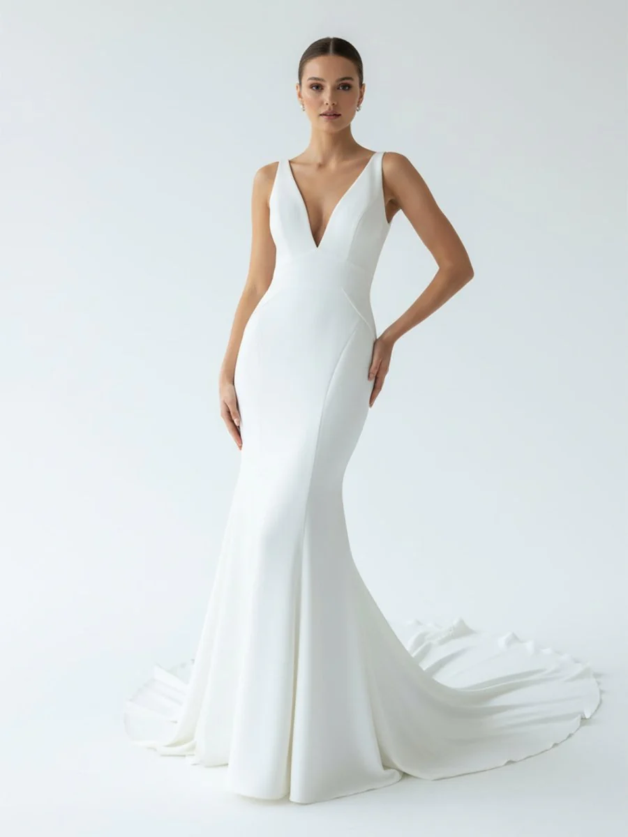Simple Mermaid V Neck Satin White Wedding Dresses