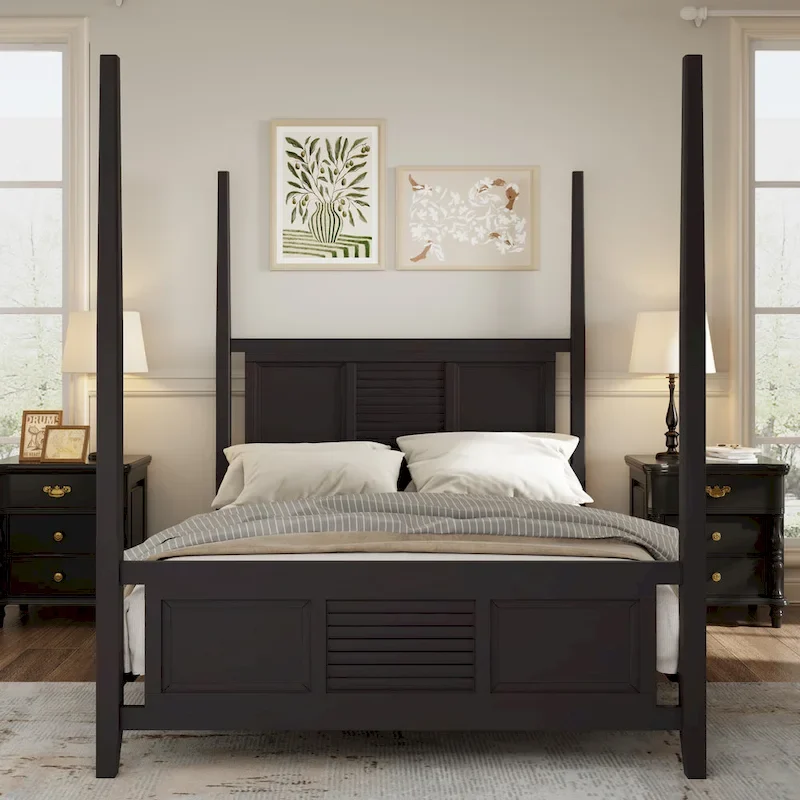White / Espresso Queen Four Poster Bed, 75