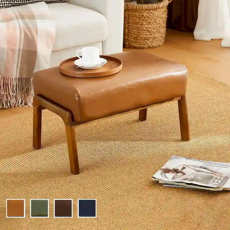 Glitzhome 24.5W Leatherette Accent Stool With Walnut Rubberwood Legs