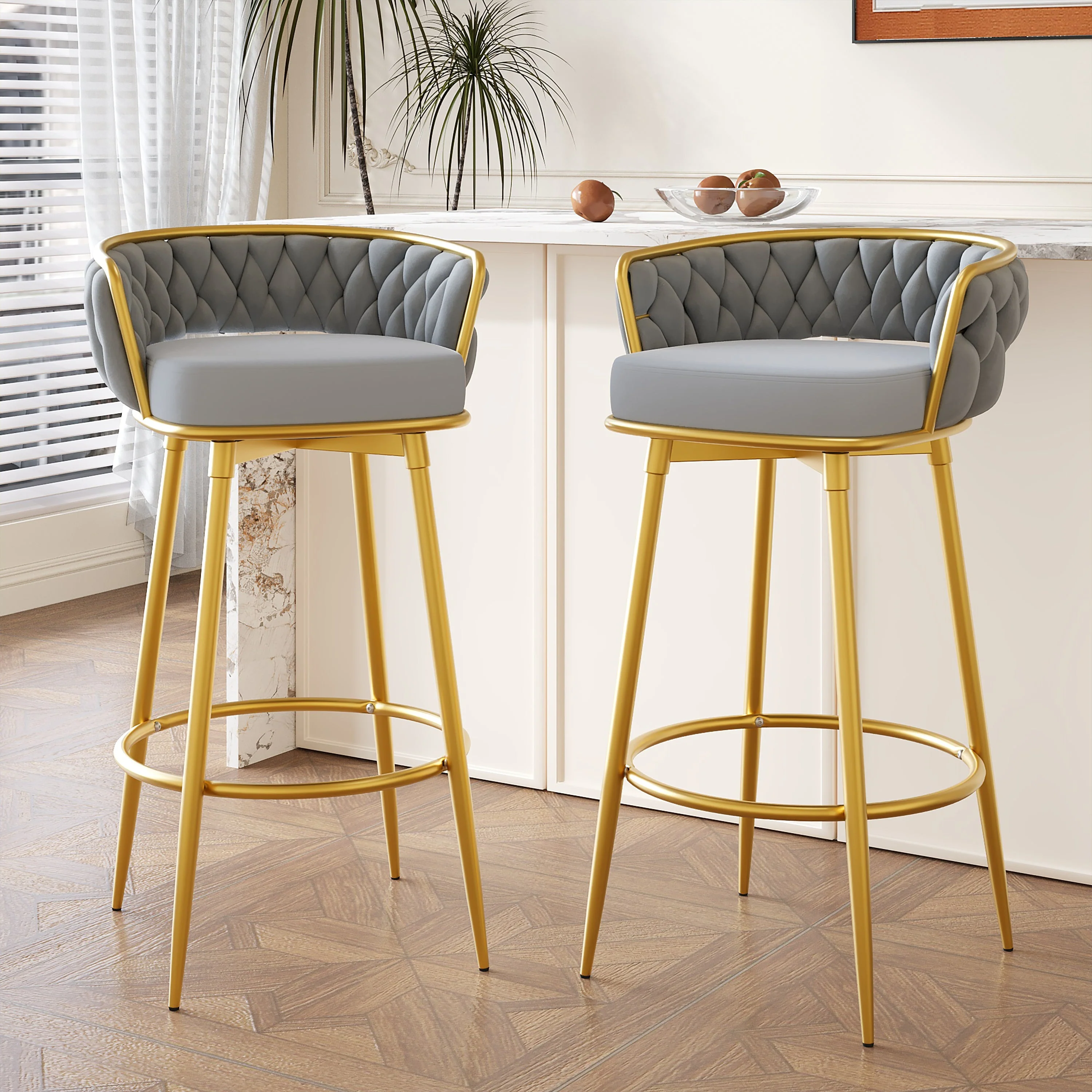 Set of 2 Velvet Swivel Bar Stools 180¡ã Gold Frame w/ Woven Back & Footrest