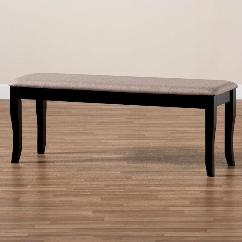 Modern Transitional Upholstered Dining Bench — Dark Brown Oak & Rubberwood, Cabriole Legs