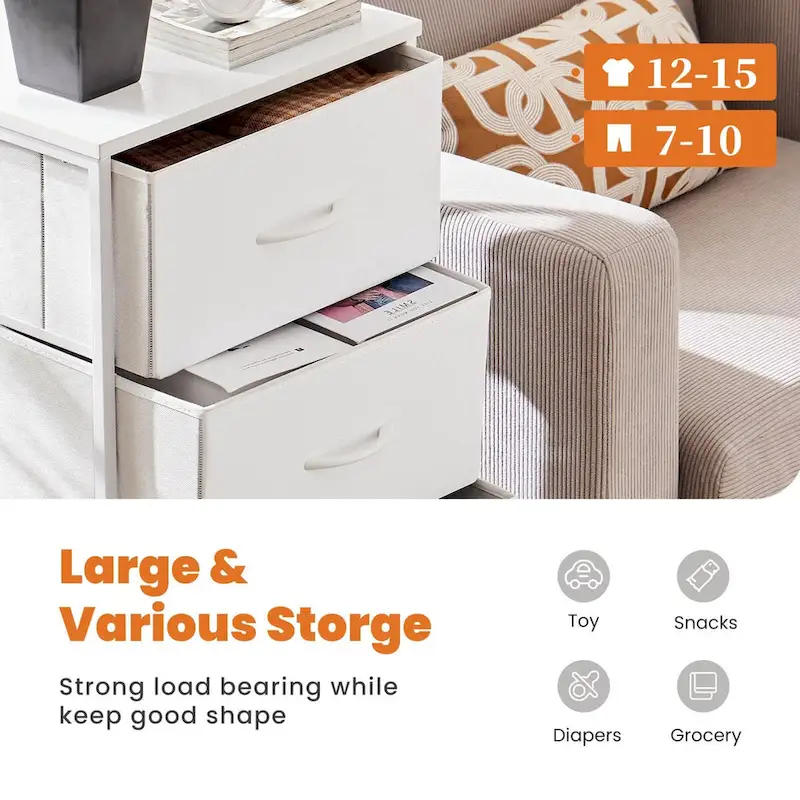 White 5-Drawer Fabric Dresser with Metal Frame & Wood Top