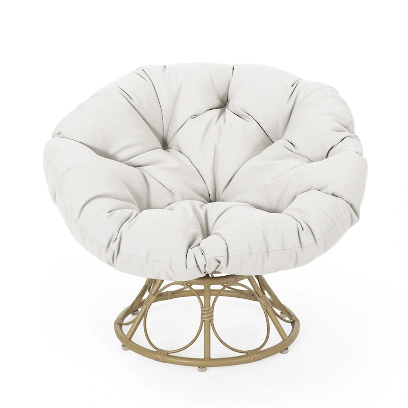 Brown Wicker Swivel Papasan Chair with Tufted Fabric Cushion