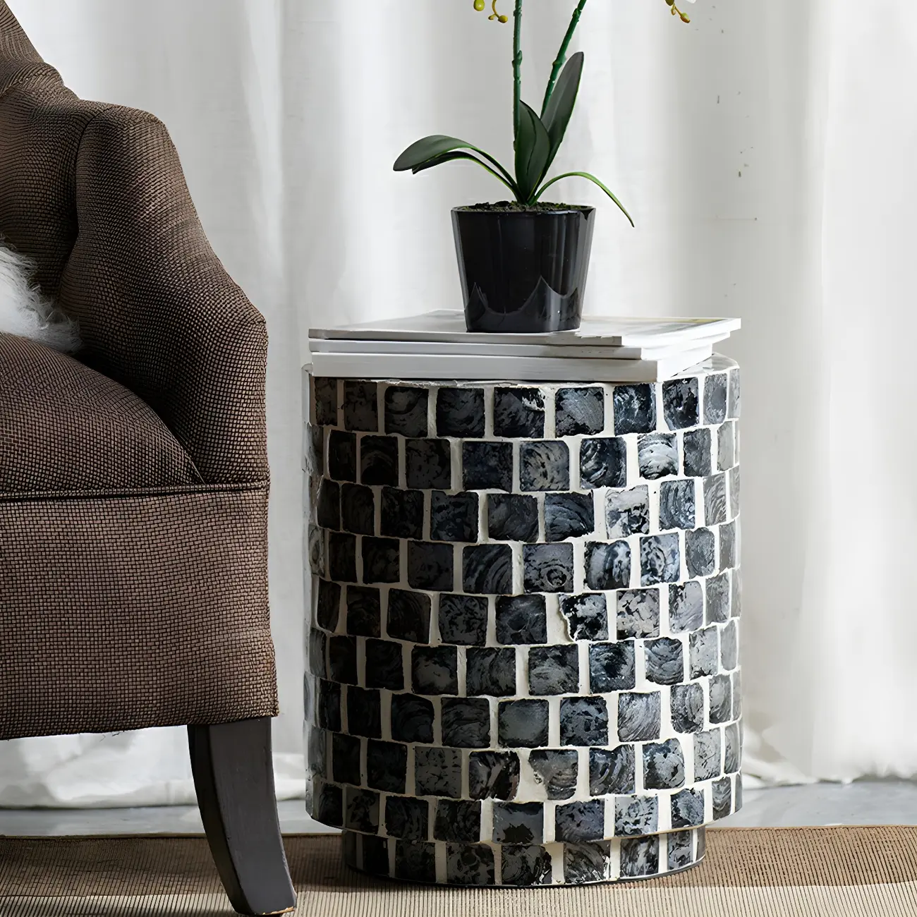 Tropical Mosaic Wooden Round Side Table