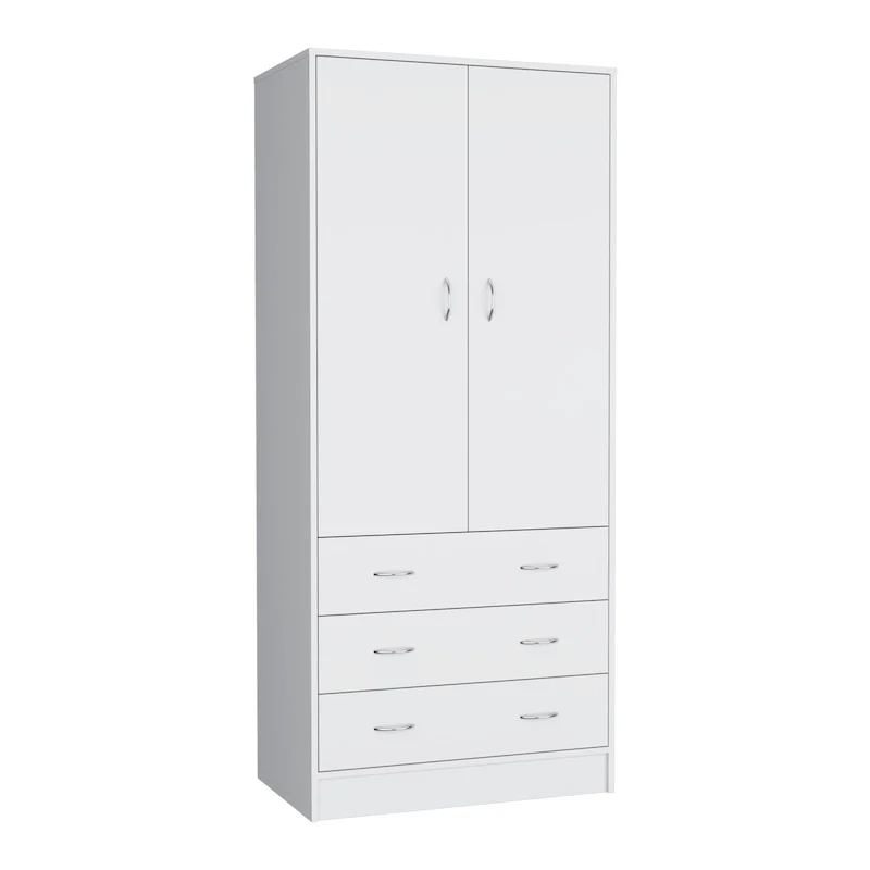 19 Modern Double-door Armoire with 3 Drawers and 1 Hanging Rod for Bedroom