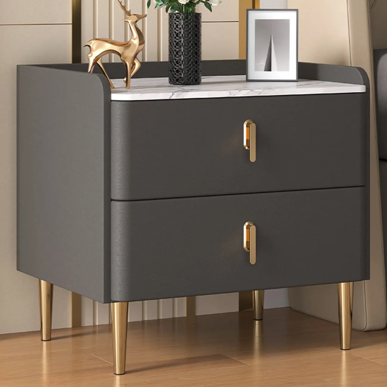 Modern Stone Top Leather Drawers Nightstand with Golden Legs