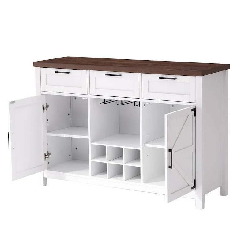 White 3-Drawer Wine Bar Cabinet Sideboard with Cup Rack