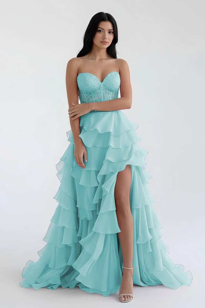 Royal Blue Chiffon Sweetheart Ruffle Tiered Long Prom Dress