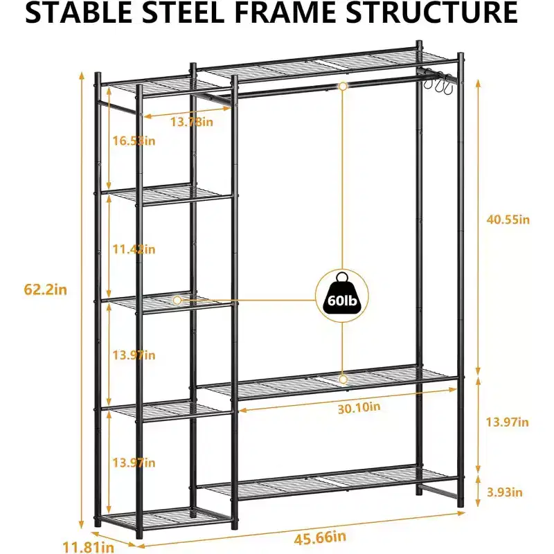Wardrobe Closet,Portable Clothes Rack with 4 Tiers Shelves,Freestanding Steel Clothing Rack Suitable for Cloakrooms,Bedrooms,Entrances,etc.Black
