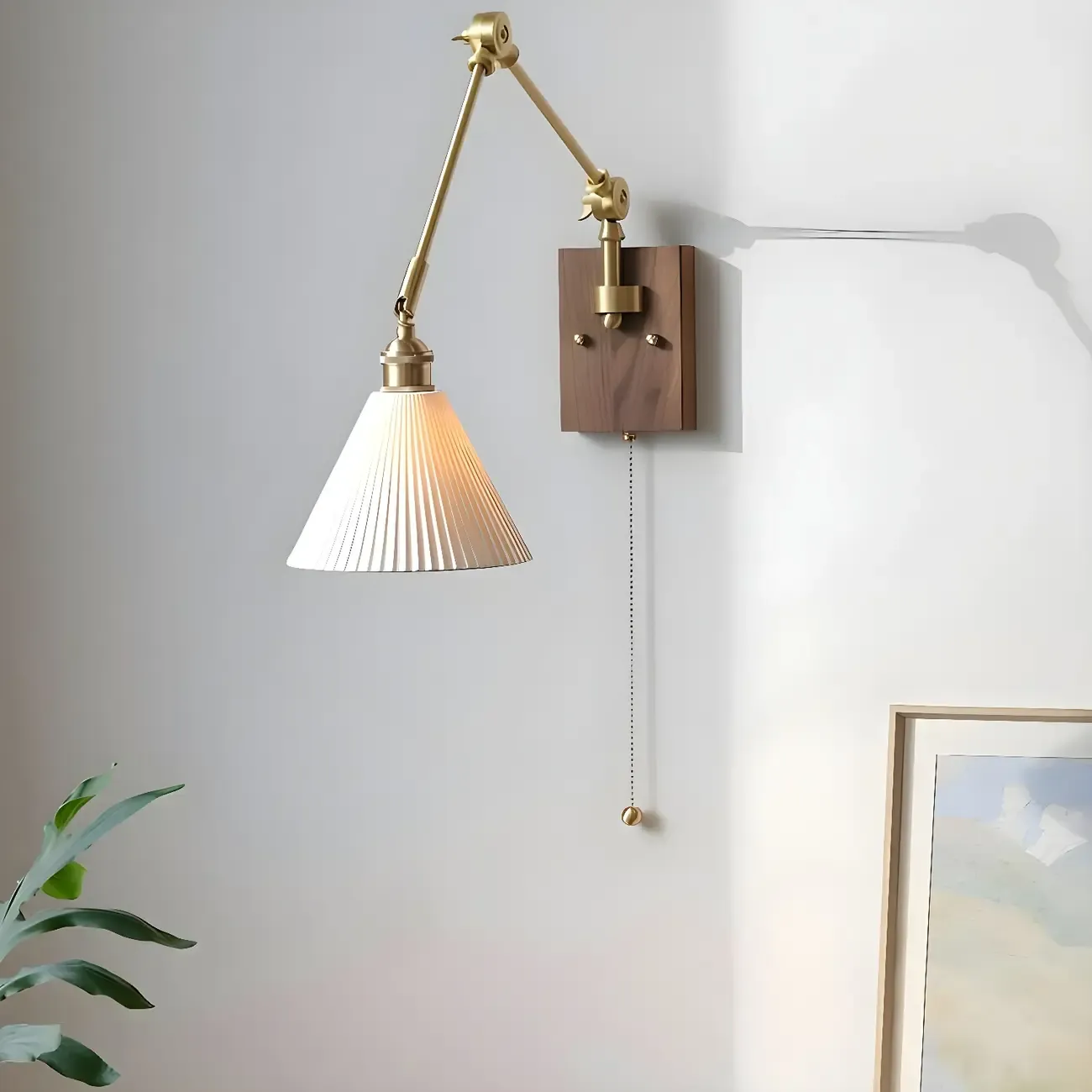 Antique Brass Swing Arm Wall Light with White Ceramics Shade