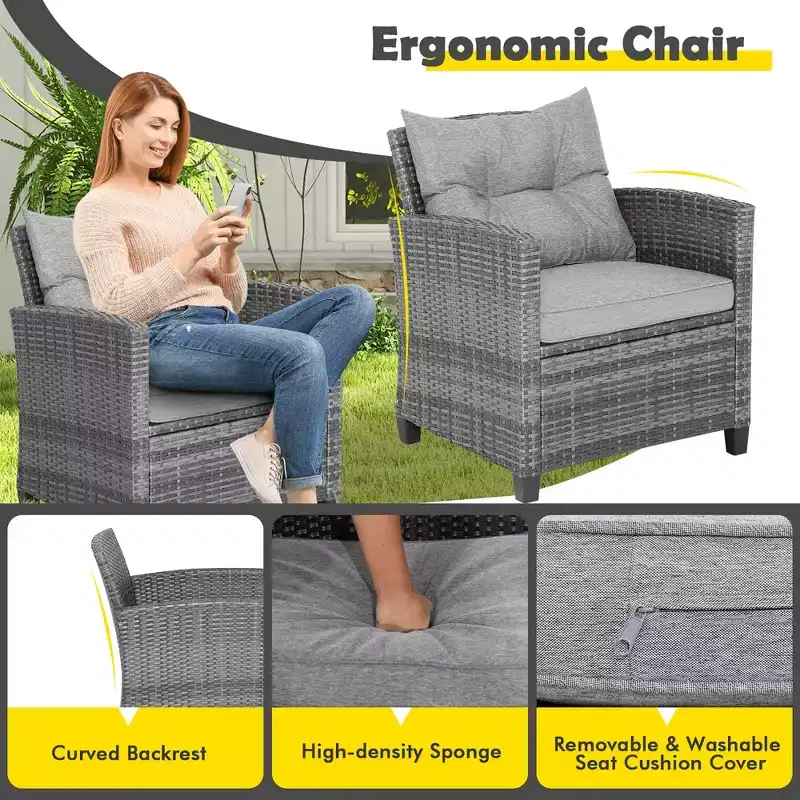 Costway 3PCS Patio Rattan Furniture Bistro Set Cushioned Sofas Side Table Armrest Red/Grey/Navy/Turquoise/Black