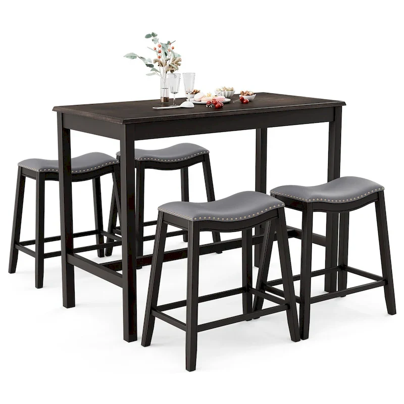 Costway 5PCS Bar Table Set Counter Height Table & Upholstered Saddle