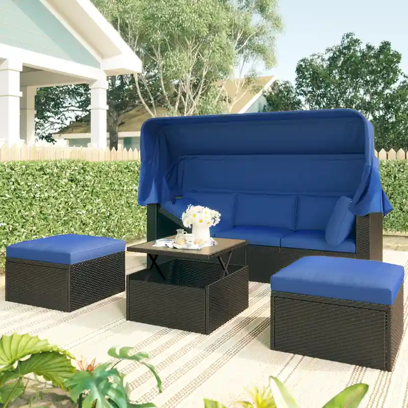 Outdoor Patio Rectangle Daybed with Retractable Canopy, Wicker Sectional Seating with Washable Cushions, Backyard, Porch