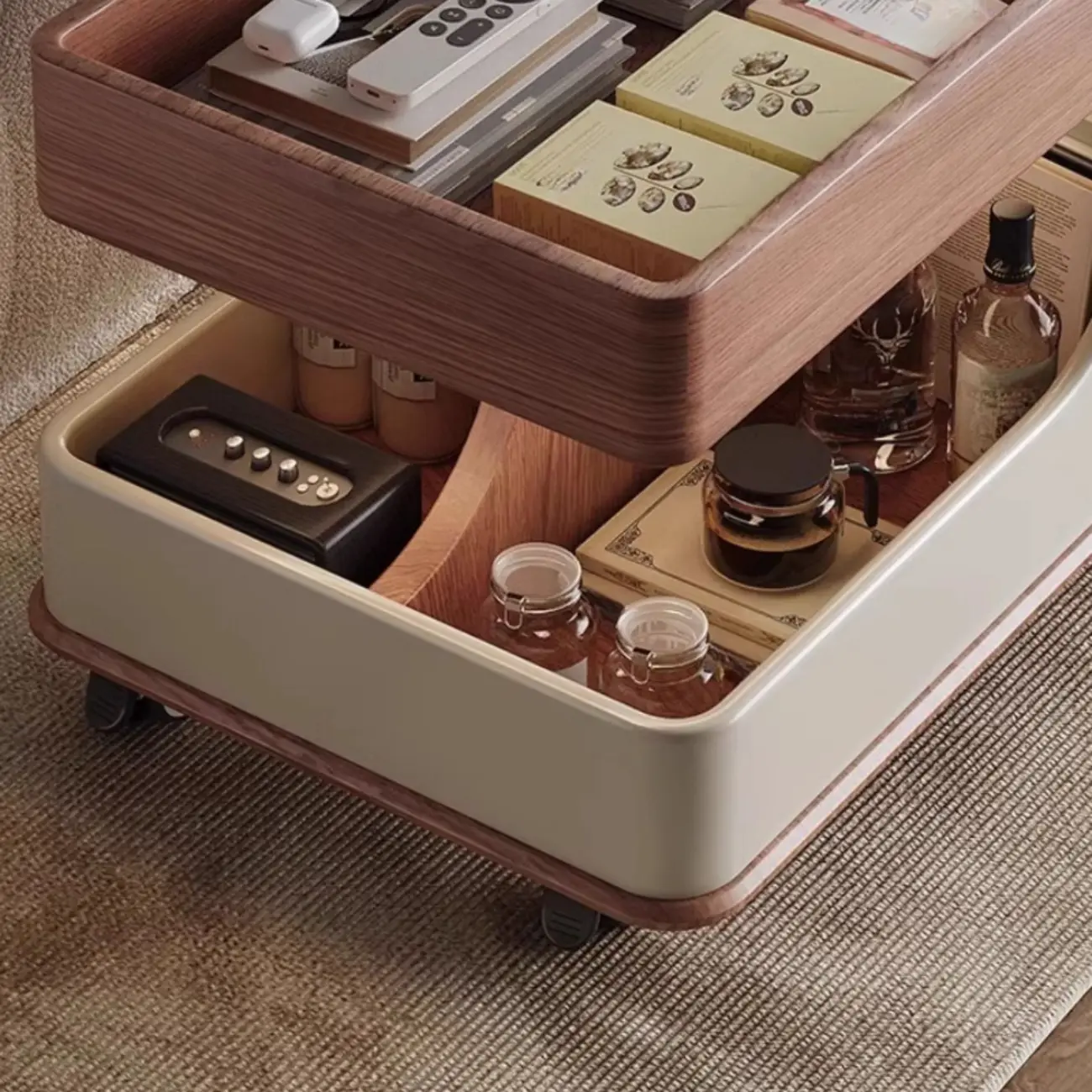 White Adjustable Top Modern Rolling Wood Side Table