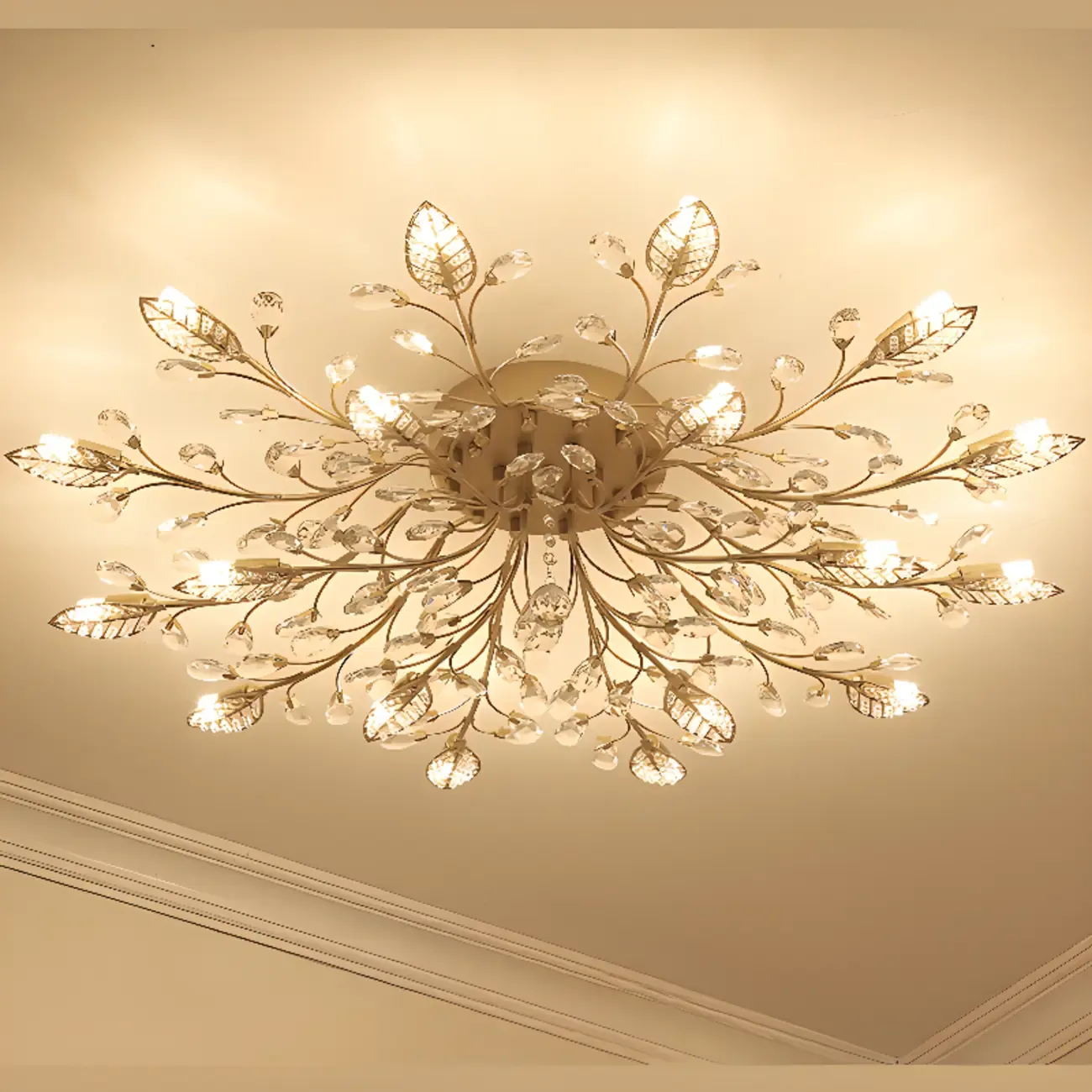 Elegant Golden Branch Crystal Semi Flush Ceiling Light