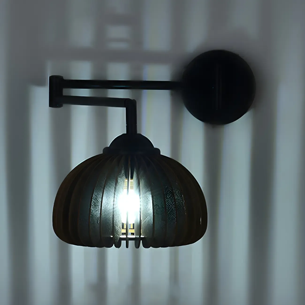 Black Metal Swing Arm Wall Light with Wood Shade