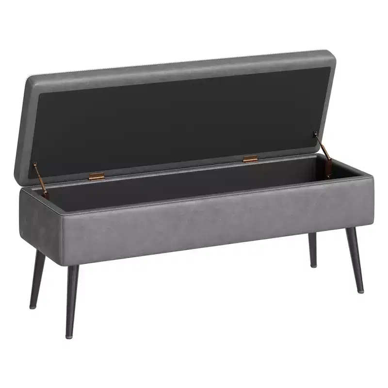 Mid-Century Modern Ottoman Bench with Storage  Faux Leather Upholstered Shoe Bench  Rectangular End of Bed or Entryway Seating  Dual Safety Hinges
