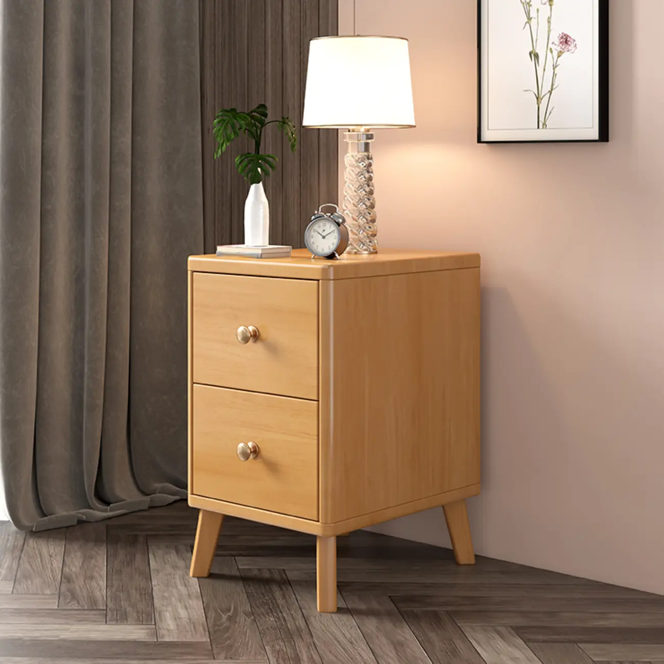 Square Solid Wood 2-Drawer Nightstand with Legs