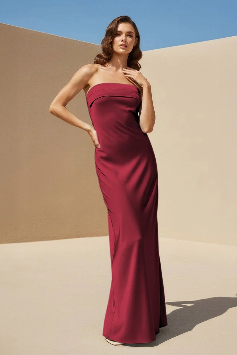 Sky Blue Strapless Sheath Satin Pleated Open Back Long Prom Dresses