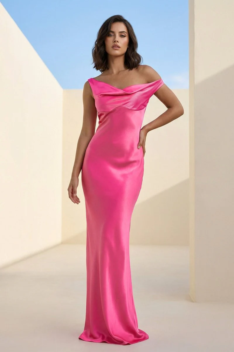 Fuchsia - One Shoulder Sheath Satin Long Prom Dresses