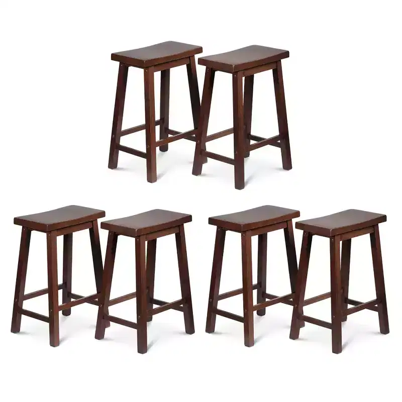 PJ Wood Classic Saddle-Seat 24 Tall Kitchen Counter Stools for Homes, Dining Spaces, and Bars w/ Backless Seats, 4 Square Legs, Walnut (Set of 6)