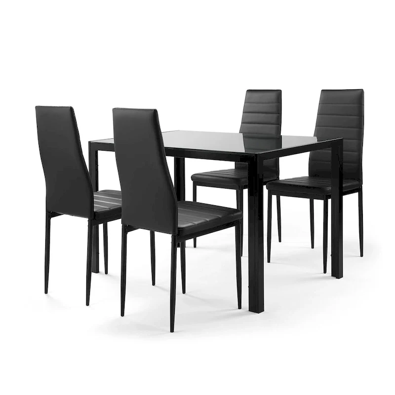 Modern 5-Piece Dining Set with Rectangular Tempered Glass Table & 4 High Back Upholstered Chairs