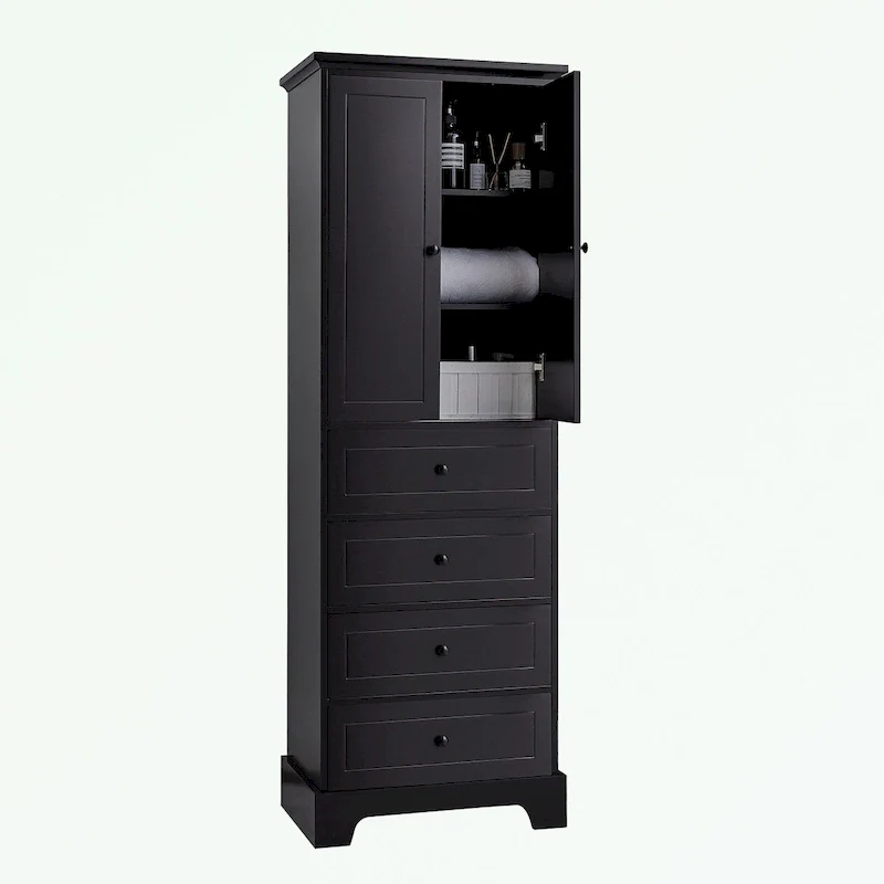 Black/White MDF Storage Cabinet with 2-Door Upper Cabinet & 4 Drawers, Anti-Tip Design