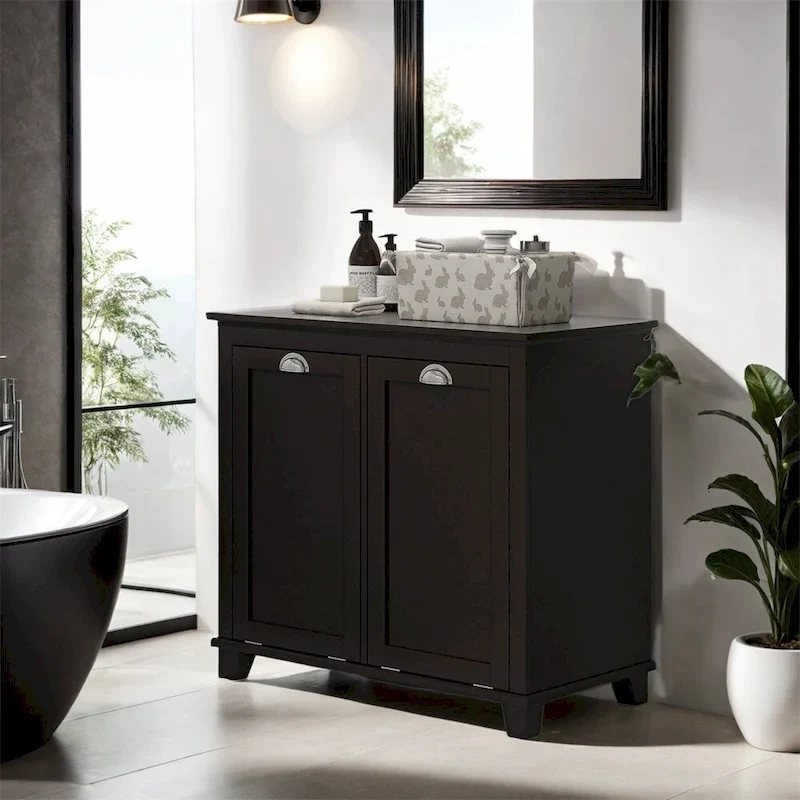 Black Dual Tilt-Out Laundry Hamper Cabinet, 2-Compartment Bathroom Storage