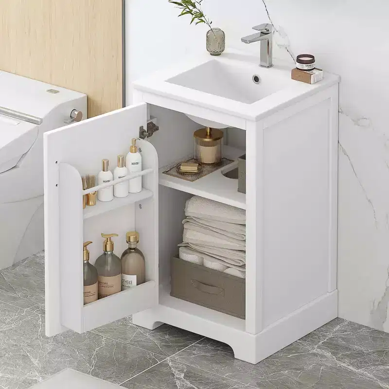 30 Inch Freestanding Bathroom Vanity with Sink, White MDF & Rubberwood, 3 Drawers & Adjustable Shelf