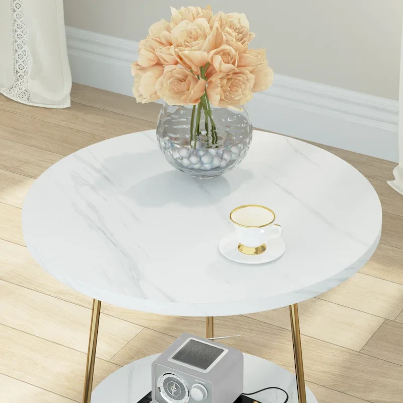 Marble Gold End Table Side Table with Shelves