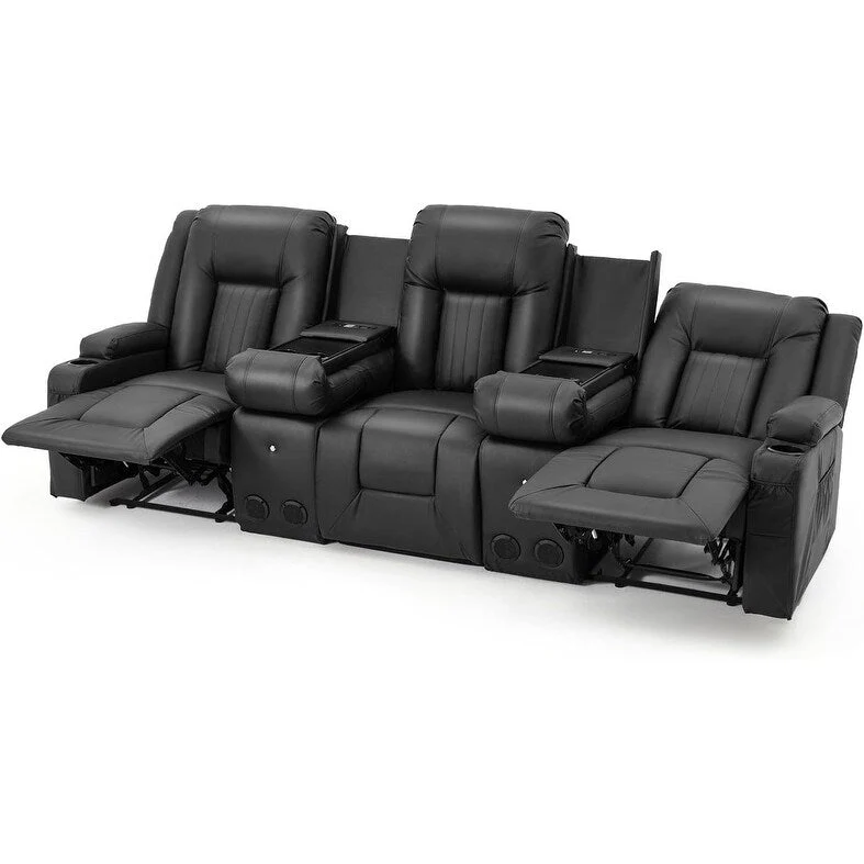 AECOJOY Recliner Sofa Manual RV Reclining Couch PU Home Theater Seating w/ Console