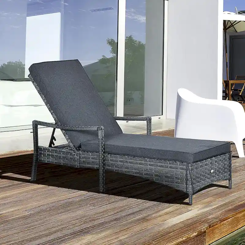 Outsunny Patio Chaise Lounge Chair, Outdoor PE Rattan Single Sun Lounger with 4-Level Adjustable Backrest