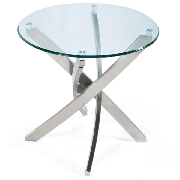 Contemporary Brushed Nickel Round End Table with Glass Top