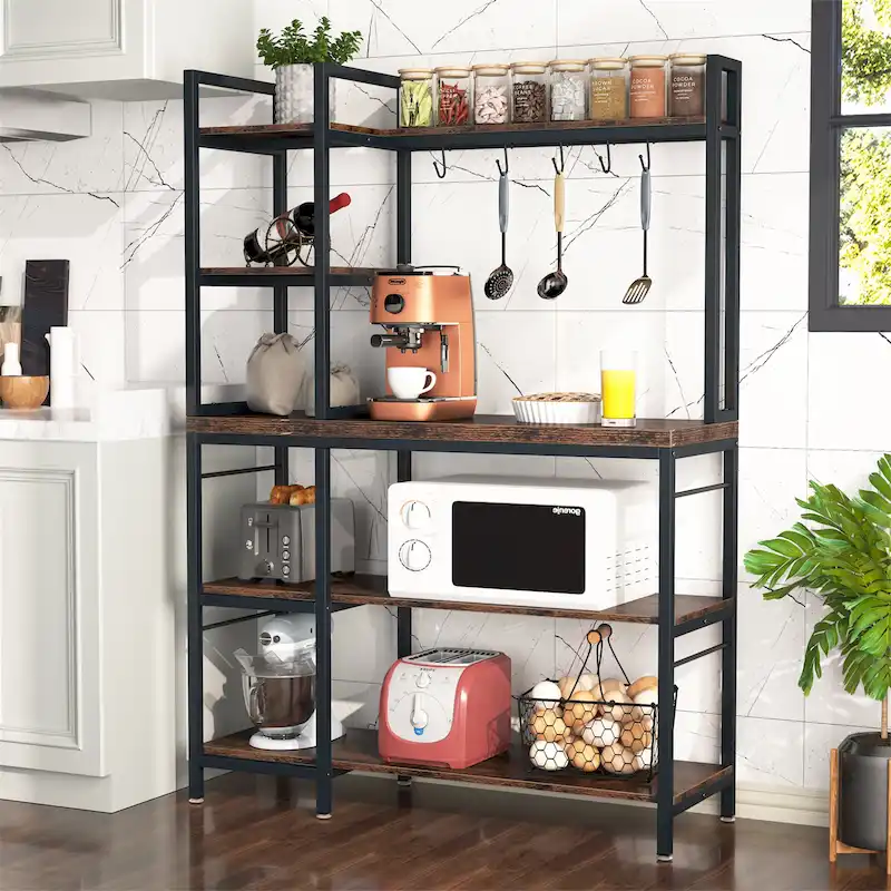 5-Tier Industrial Bakers Rack – Microwave Stand, Kitchen Storage Shelf with 10 Hooks, 43