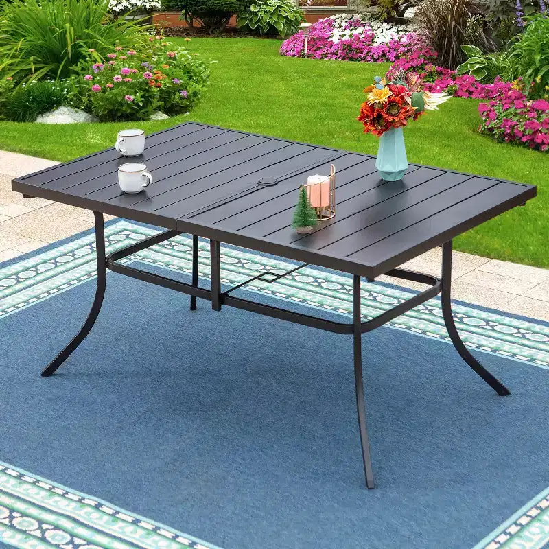 7pc Patio Dining Set with 59"x35" Steel Rectangle Table with 1.57" Umbrella Hole and 6 Steel Arm Chairs Black - Captiva Designs